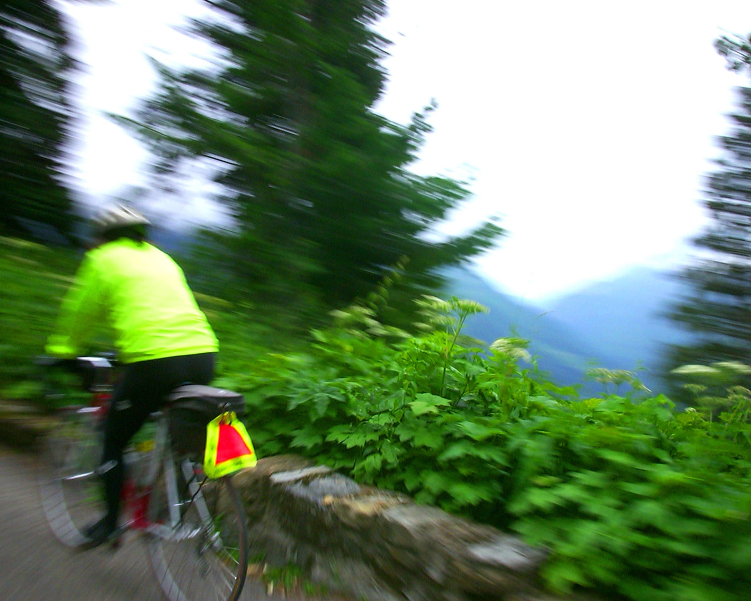A cyclist in a neon jacket, blurred with motion, on a forested mountain road
