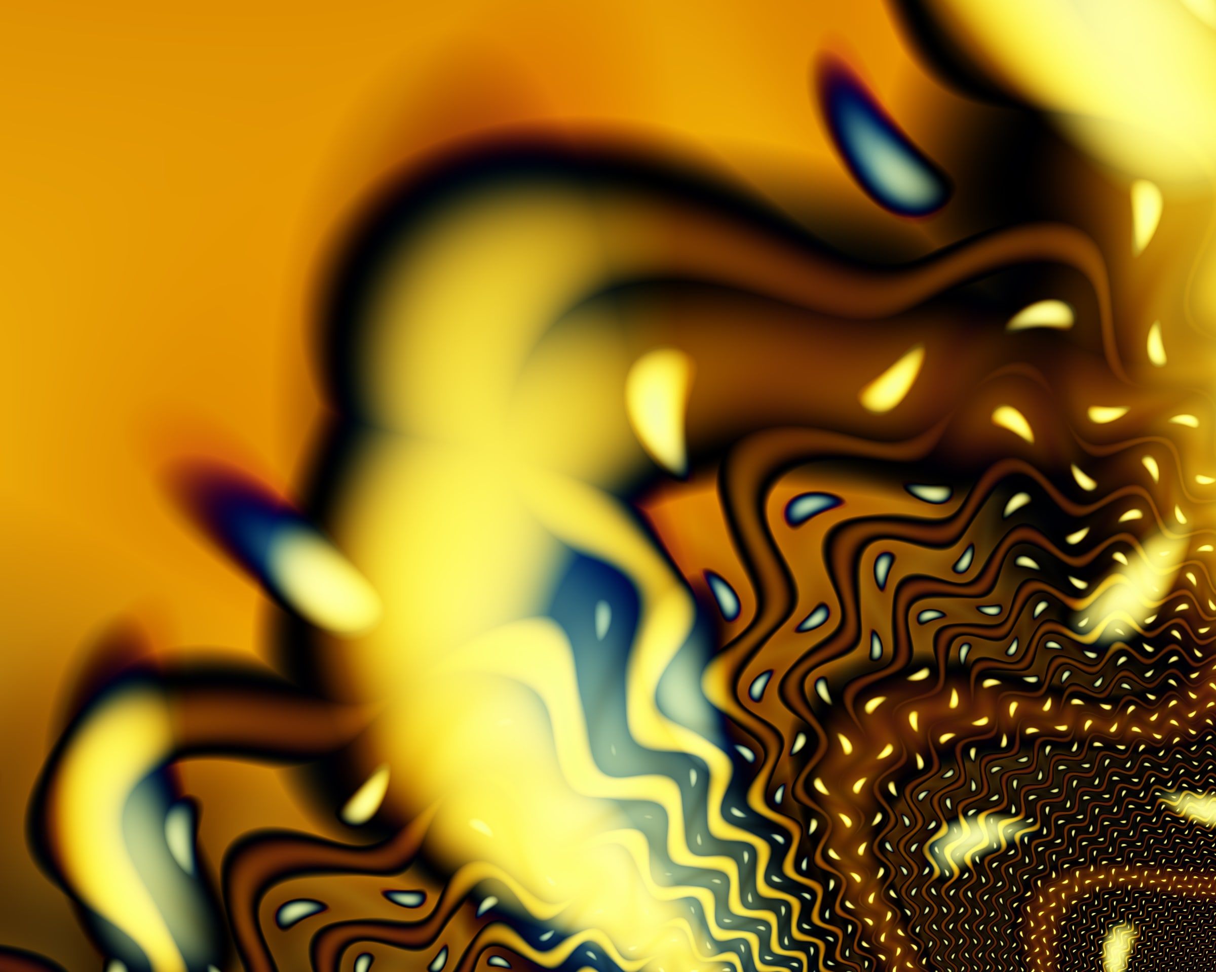 Wavy gold and navy patterns swirling across an amber field