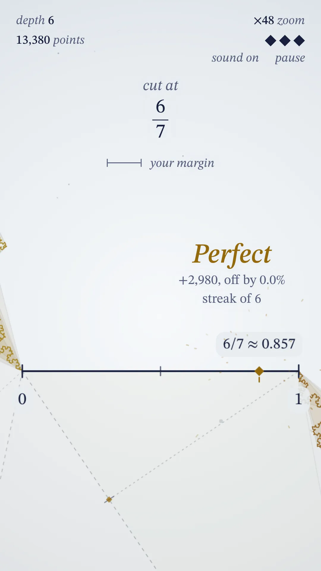 A perfect cut at six sevenths, off by 0.0 percent, on a streak of 6