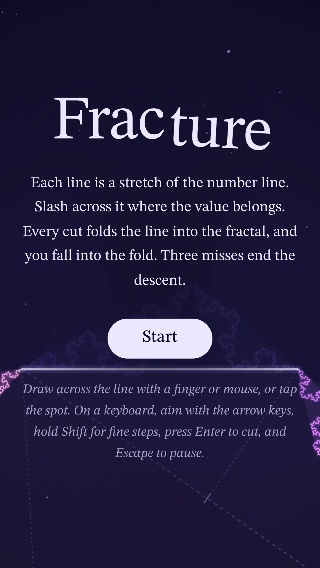 The title screen: each line is a stretch of the number line; slash where the value belongs