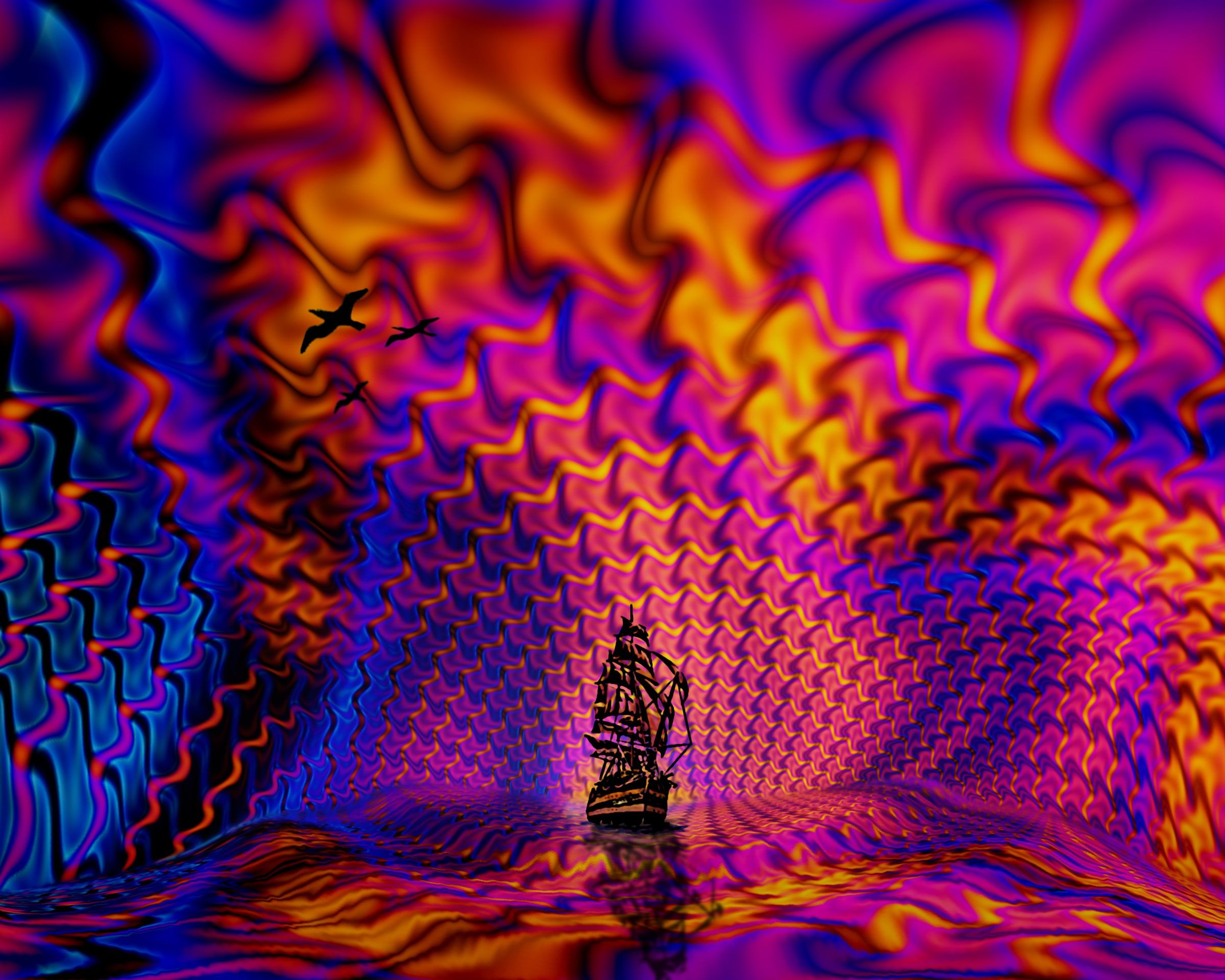 A sailing ship in a tunnel of rippling magenta, orange and blue waves, with birds overhead